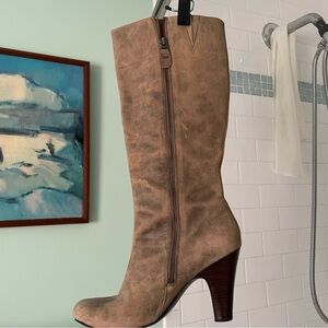 Fossil Tall Suede Heeled Boots in Taupe
